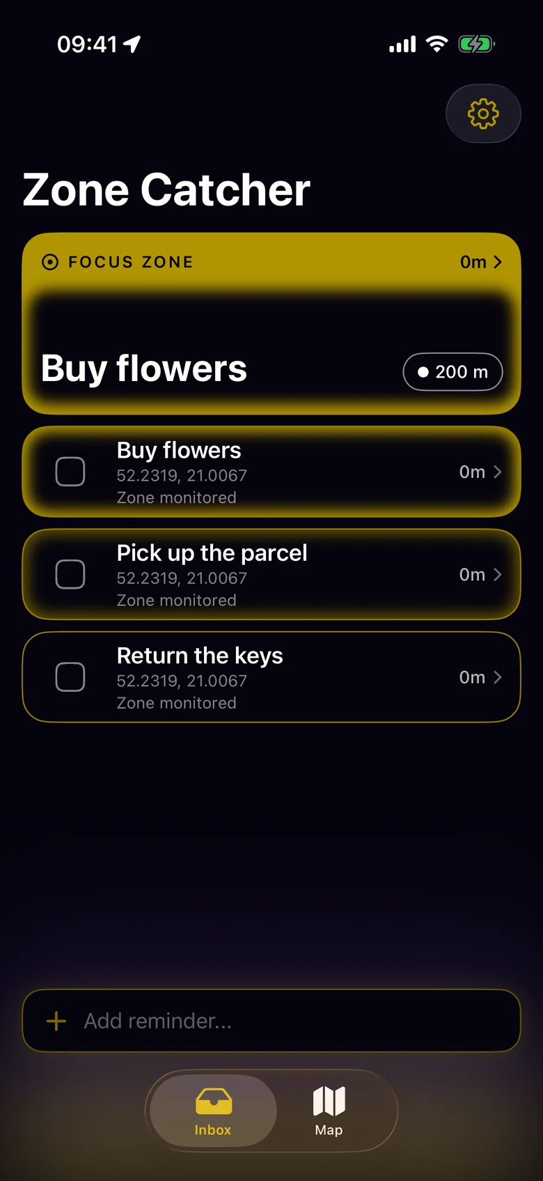 Zone Catcher on iPhone: a list of errands, each with its own reminder zone